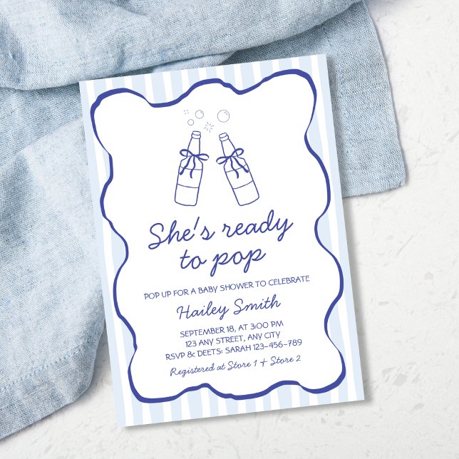 Hon Blir Snart Mamma Blå Sodavatten Flaska Barnkal Inbjudningar (She's Ready To Pop Blue Soda Bottle Baby Shower Invitation)
