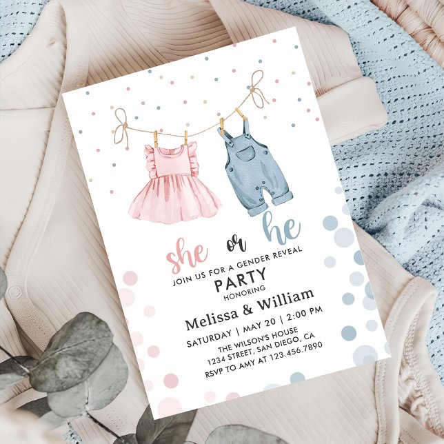 Hon eller Kläder Gender Reveal Baby Shower Inbjudningar (Skapare uppladdad)