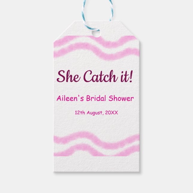 Hon fångade det rosa spiral linjer möhippa presentetikett (Framsidan)