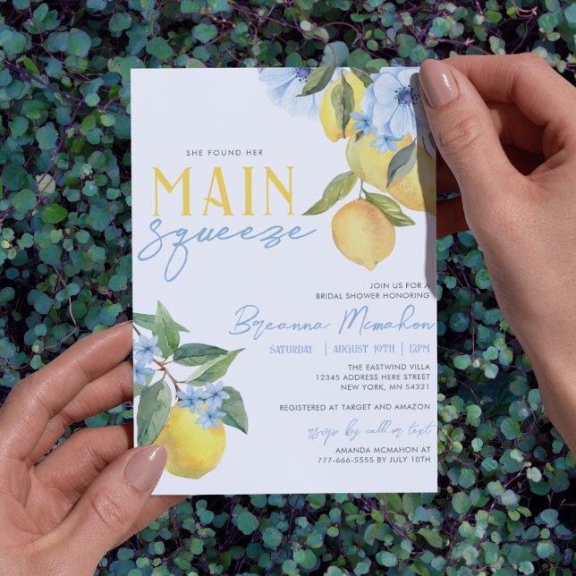 Hon Fann Hennes Drömprins Citron Bröllopsdusch Inbjudningar (Blue Flower Lemon Bridal Invitations. Available printed with envelopes or printable digital download)