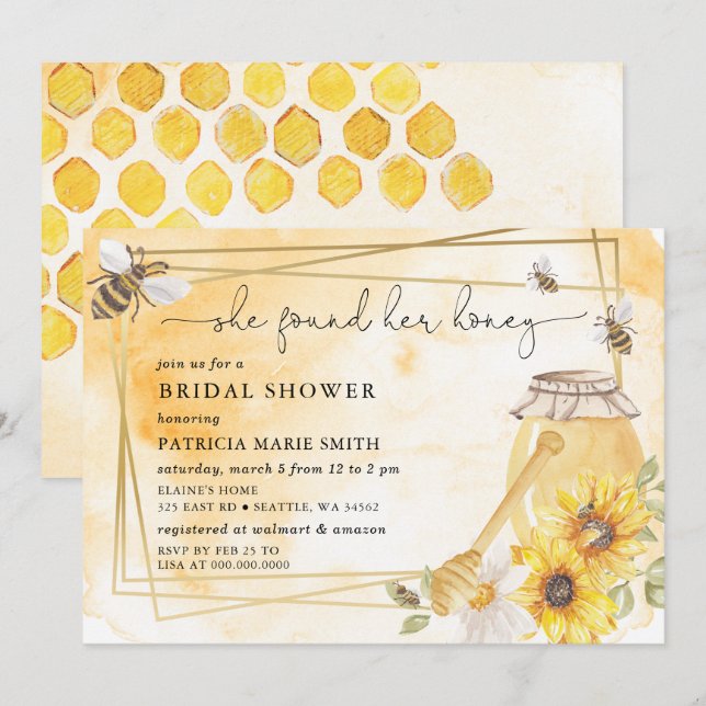 Hon Fann Sin Honey Floral Bee Bröllopsdusch Inbjudningar (Fram/baksida)