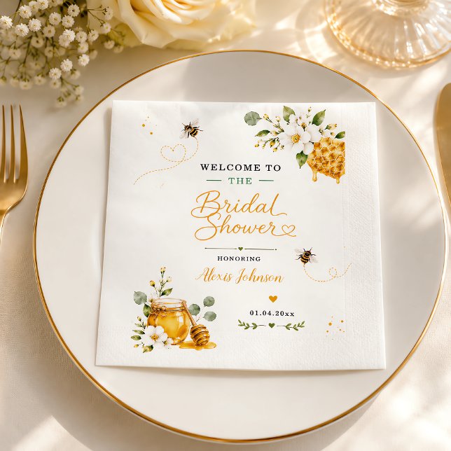 Hon Fann Sin Honung Elegant Blommig Guld Anpassad Pappersservett (She Found Her Honey Elegant Floral Gold Custom Napkins)