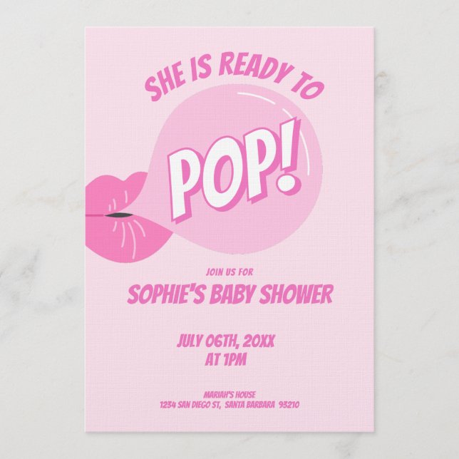 Hon Färdig att Spricka Bubble Gum Flick Baby Showe Inbjudningar (Framsida)