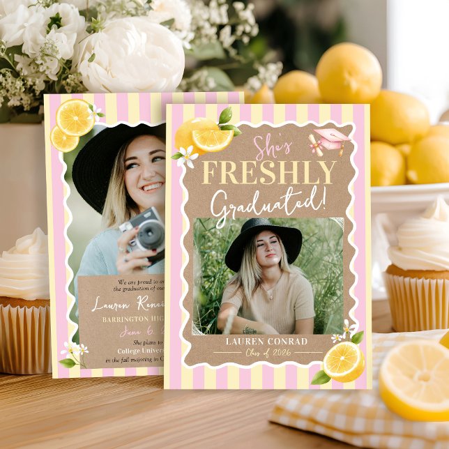 Hon FRESH GRADUERAD Citroner Examen 2 Foto Meddelande (She's Freshly Graduated watercolor lemons citrus 2 photo pink stripes kraft graduation announcement)