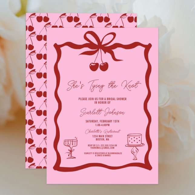 Hon Gifter sig Bow Cherry Red Möhippa Inbjudningar (Pink and Cherry Red She's Tying the Knot Bow Bridal Shower Invitations, Chic Trendy, Wavy, Cherries)