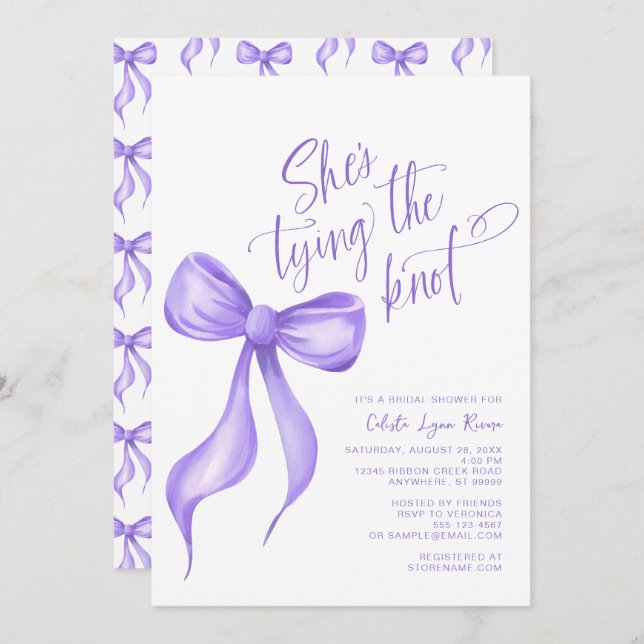 Hon Gifter sig Lila Bow Möhippa Inbjudningar (Fram/baksida)