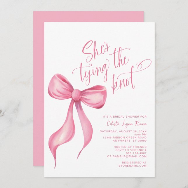 Hon Gifter sig Rosa Bow Ribbon Möhippa Inbjudningar (Fram/baksida)