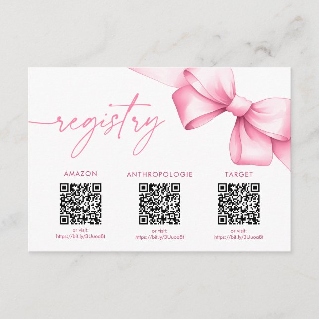 Hon Gifter sig Rosa Bow Shower Registry Tilläggskort (Framsida)