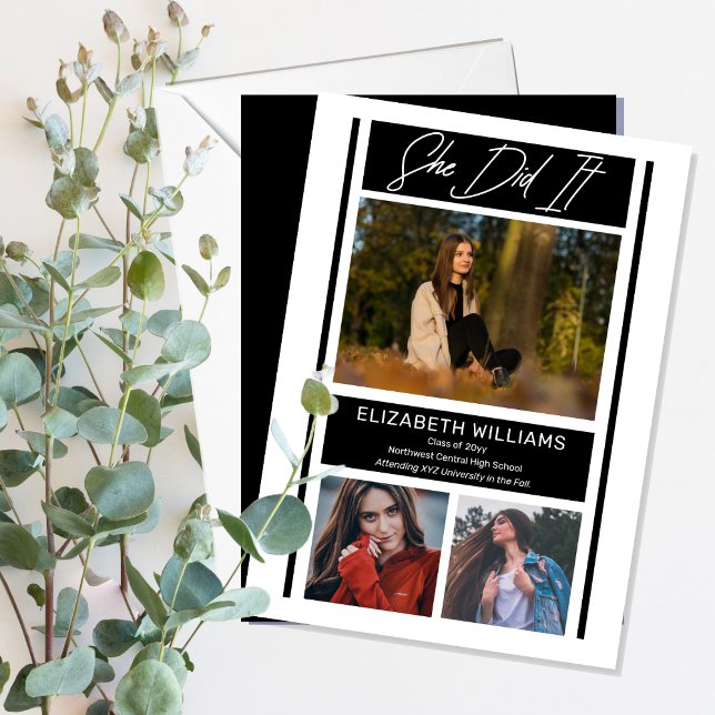 Hon gjorde det helt enkelt, minimalistiskt BW Stud Meddelande ("She Did It" Simple Minimalist Black and White Graduation Announcement - Print and/or Download)