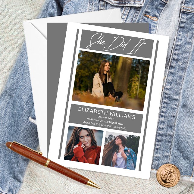 Hon gjorde det helt enkelt, minimalistiskt Grått S Meddelande ("She Did It" Simple Minimalist 3 Photo Collage Gray | White Graduation Announcement - Print Digital)