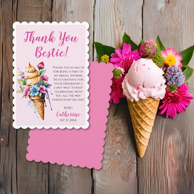 Hon har blivit skoplad Glass Bröllopsdusch Tack Kort (Flat lay girly pretty pink bridal shower thank you card with watercolor floral ice cream cone design)