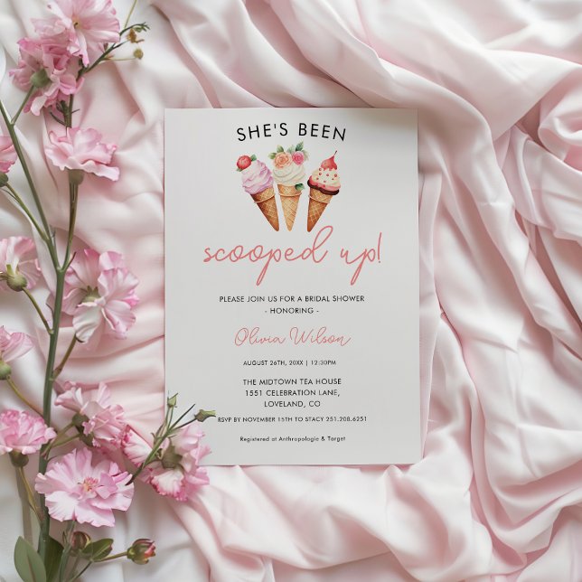 Hon Har Blivit Uppäten – Glassbröllopsfest Inbjudningar (She's Been Scooped Up – Ice Cream Bridal Shower Invitation with Pink & Purple Floral Brunch Theme)