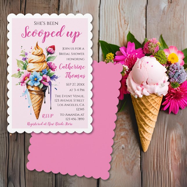 Hon har blivit uppiskad Glass Bröllopsdusch Inbjudningar (Flat lay she’s been scooped up ice cream bridal shower invitation with waffle cone ice cream scoops )
