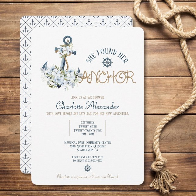 Hon hittade sin ankare Nautical Möhippa Inbjudan (Sail into love with this floral anchor bridal shower invitation.)