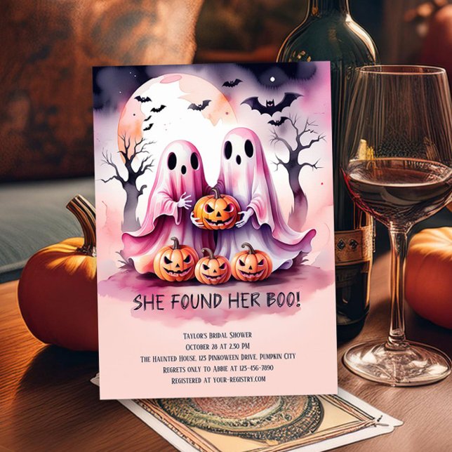 Hon hittade sin Boo Rosa Spöken Möhippa Inbjudningar (She Found Her Boo! Cute pink ghosts for Halloween or Pinkoween Bridal Shower themes by Darling & May)