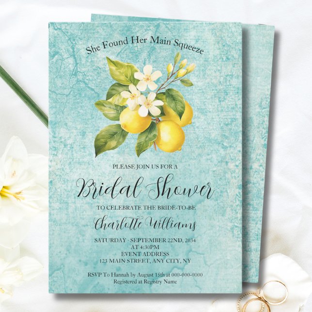 Hon hittade sin huvudsakliga Lemon-Möhippa Inbjudningar (Found Her Main Squeeze Lemon Themed Bridal Shower Invitation
)