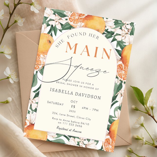 Hon hittade sin huvudsakliga Möhippa för citrusfru Inbjudningar (She Found Her Main Squeeze Citrus Bridal Shower Invitation)