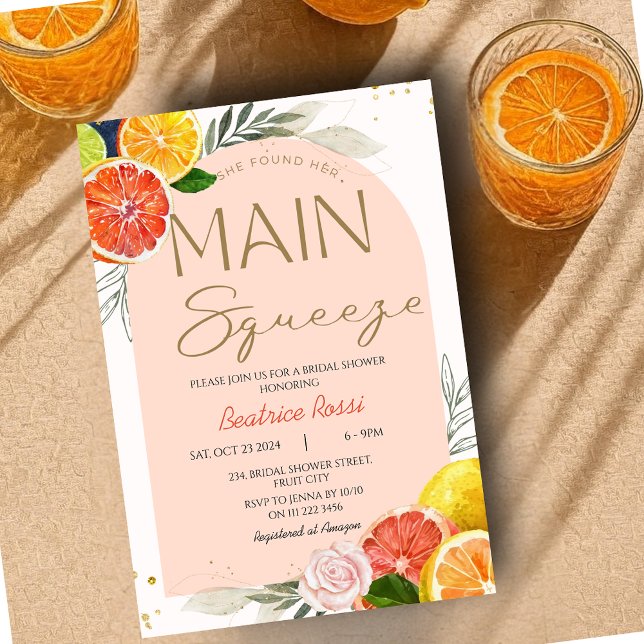 Hon hittade sin huvudsakliga Möhippa för citrusfru Inbjudningar (She Found Her Main Squeeze Citrus Bridal Shower Invitation)