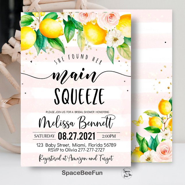 Hon hittade sin viktigaste Squeeze Möhippa Inbjuda Inbjudningar (main squeeze bridal,bridal shower,bridal shower brunch,bridal invitation,lemonade bridal,she found h)