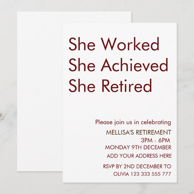 Hon jobbade hon med att hon fick sin pensionerade  inbjudningar (Fram/baksida)