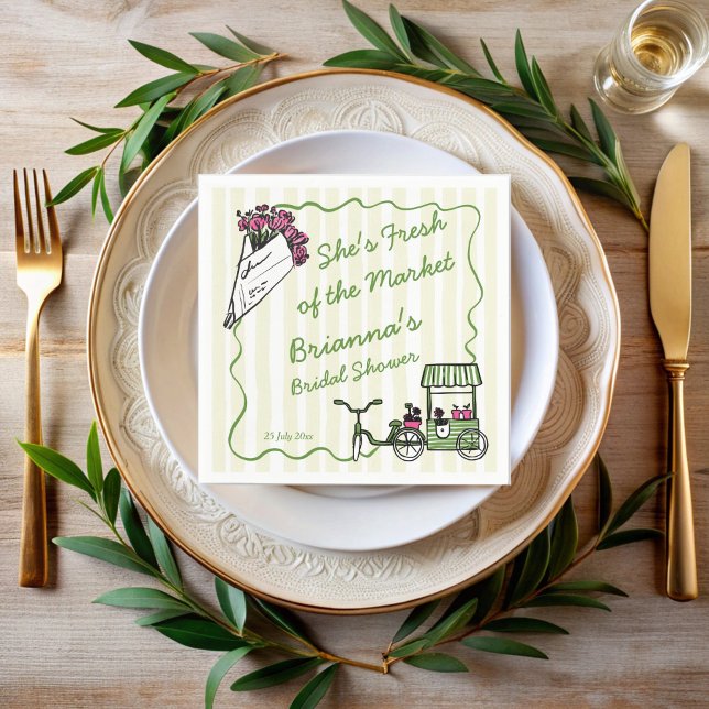 Hon just från marknadens bröllopsfest anpassad pappersservett (She's fresh of the market bridal shower custom napkins template personalized table decor)