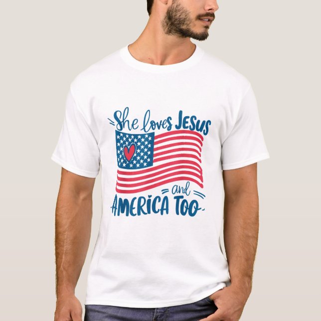 Hon Kärlek Jesus och Amerika till Flagga Christian T Shirt (Framsida)