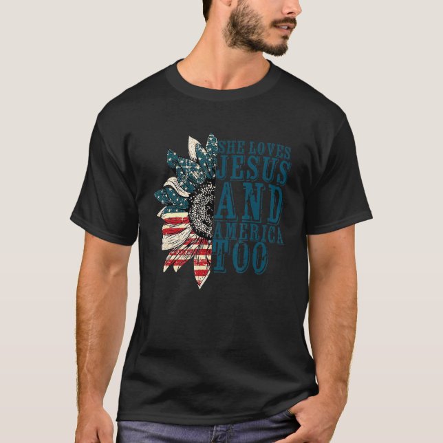 Hon Kärlek Jesus och Amerika till solrosleopard T Shirt (Framsida)