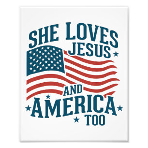 Hon Kärlek Jesus och Amerika till USA flagga 4:e Fototryck