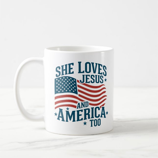 Hon Kärlek Jesus och Amerika till USA flagga 4:e Kaffemugg (Vänster)