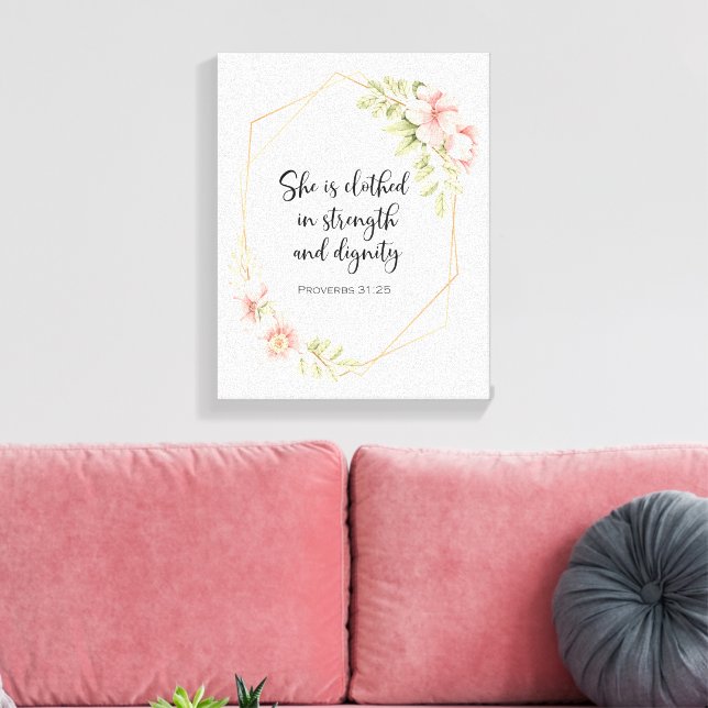 Hon kläds i styrka och värdighet Rosa Canvastryck (Insitu (Vardagsrum))