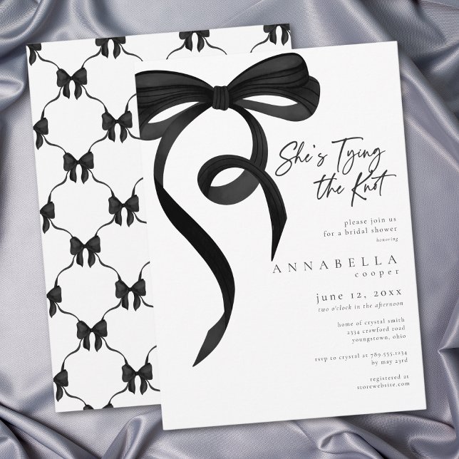 Hon knyter knuten Chic svart bow Bröllopsdusch Inbjudningar (Shes Tying the Knot Chic Black Bow Bridal Shower Invitation)