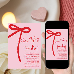 Hon knyter knuten Röd, rosa Bow Bröllopsdusch Inbjudningar