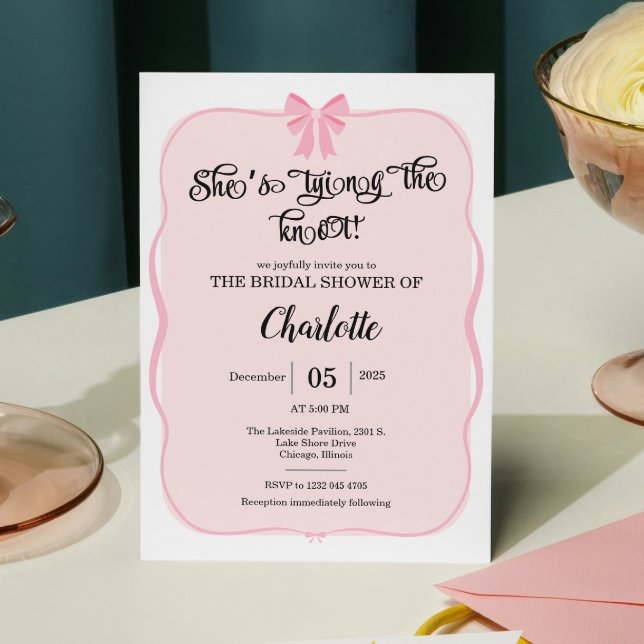 hon knyter knuten rosa Bow bröllopsdusch Inbjudningar (She’s Tying the Knot Bridal Shower)