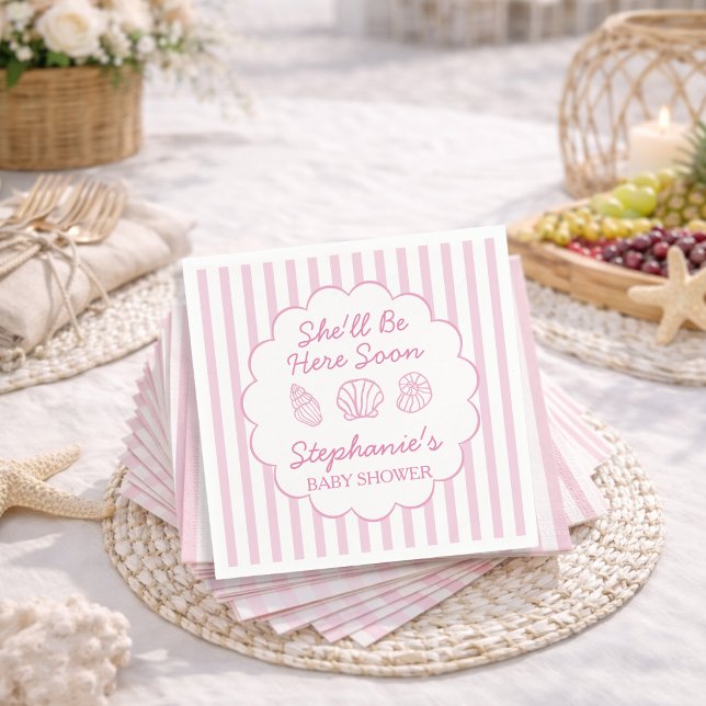 Hon kommer hit snart Rosa snäckskal Babyfirande Pappersservett (Skapare uppladdad)