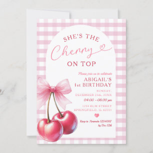 Hon kör på Top Gingham Rosa Birthday Bow Inbjudningar