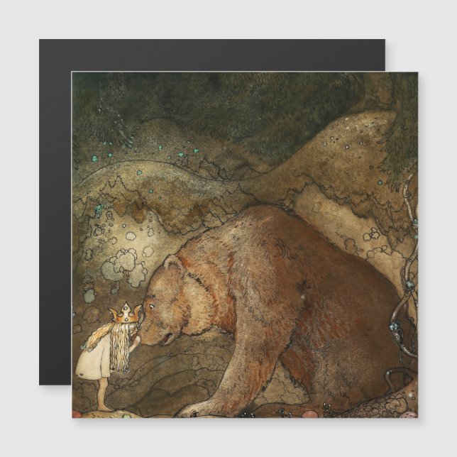 "Hon kysste björnen" av John Bauer Magnetisk Inbjudningskort (Fram/baksida)