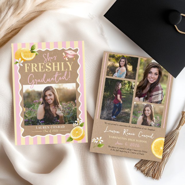 Hon Nyligen Utexaminerade Citroner 5 Foto Examen  Meddelande (She's Freshly Graduated watercolor lemons citrus 5 photo pink stripes kraft graduation announcement)