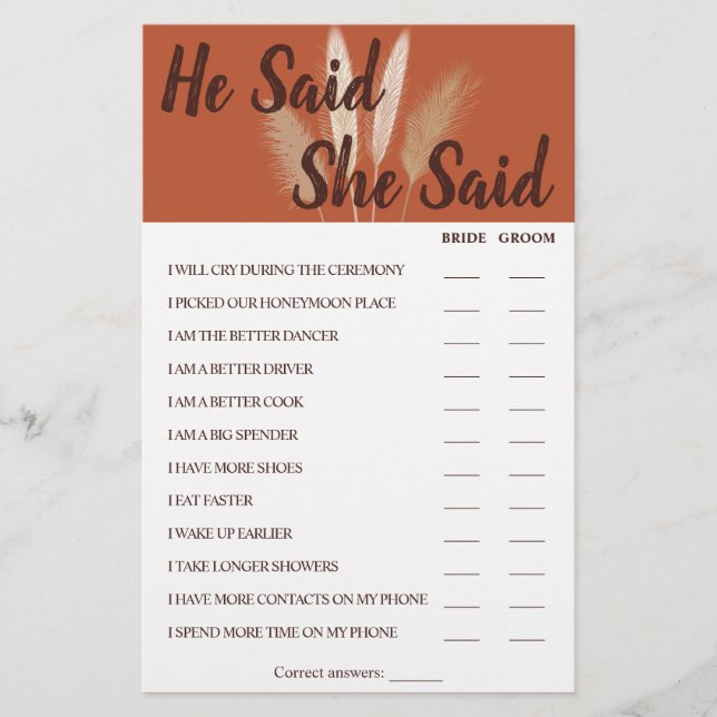 Hon sa att Pampas Par Shower Game Card Flygblad (Framsidan)