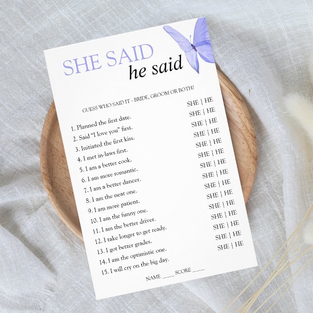 Hon sa Han sa Bröllopsduschspel Fjäril Flygblad (He said she said - he gives her butterflies)