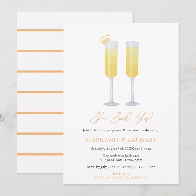 Hon sa ja Brunch Bubly Förlovningsfest Inbjudningar (Fram/baksida)