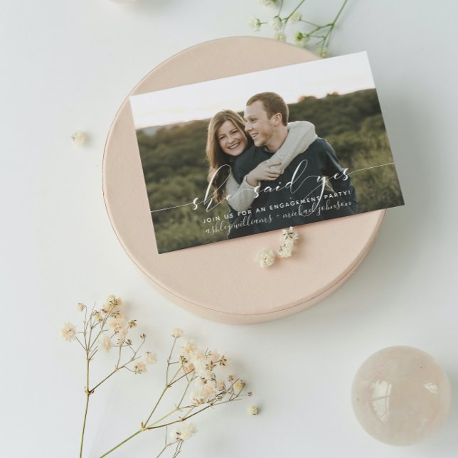Hon sa ja Calligraphy 2 Photo Förlovningsfest Inbjudningar (Engaged & Excited! Join Us for the Party 🥂💍 [Personalize Here])