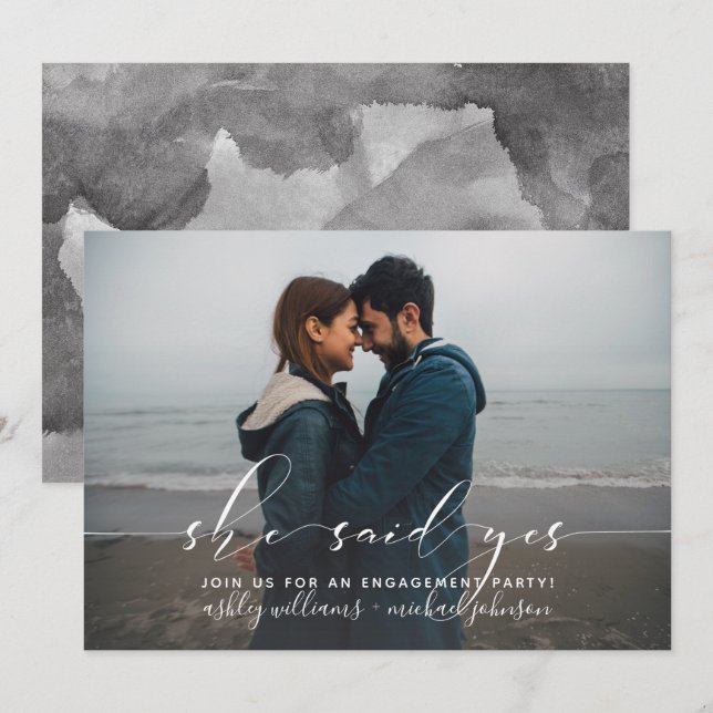 Hon sa ja Calligraphy Photo Förlovningsfest Inbjudningar (Fram/baksida)