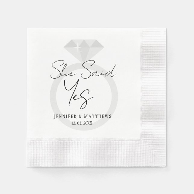 Hon sa ja Diamond Ring Bröllop Monogram Napkins Pappersservett (Framsidan)