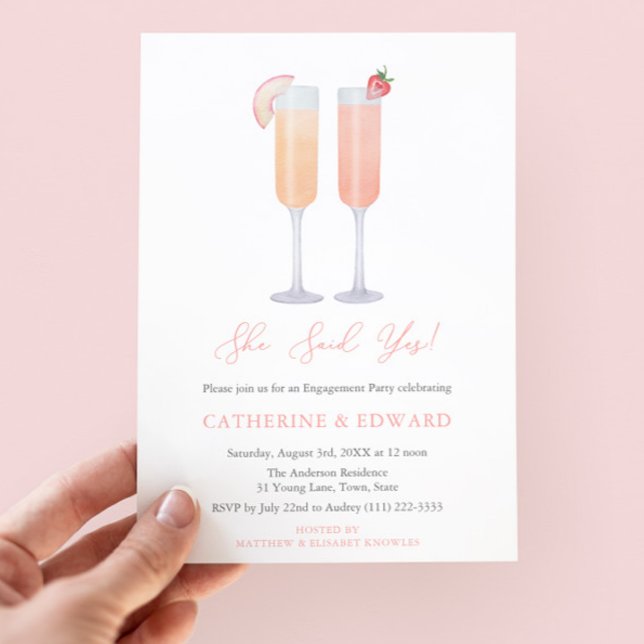 Hon sa ja Förlovningsfest Cocktail Hour Inbjudningar (She Said Yes! Pretty watercolor bellini cocktails engagement party invitation in peach & strawberry)