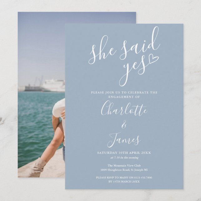 Hon sa ja Förlovningsfest Photo Dusty Blue Inbjudningar (Fram/baksida)