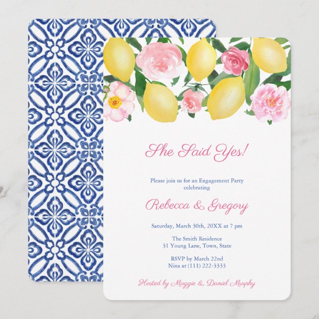 Hon sa ja! Förlovningsfesten Citroner och blå plat Inbjudningar (Fram/baksida)