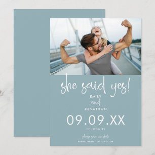 Hon sa ja Foto Modern Script Dusty Blue White Spara Datumet