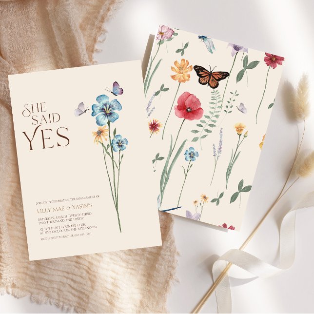 Hon Sade Ja Blå Vildblomma Förlovning Inbjudningar (Simple Blue Wildflower She Said Yes Engagement Invitation)