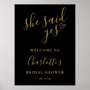 Hon Sade Ja Bröllopsfest Svart Guld Välkomstskylt Poster