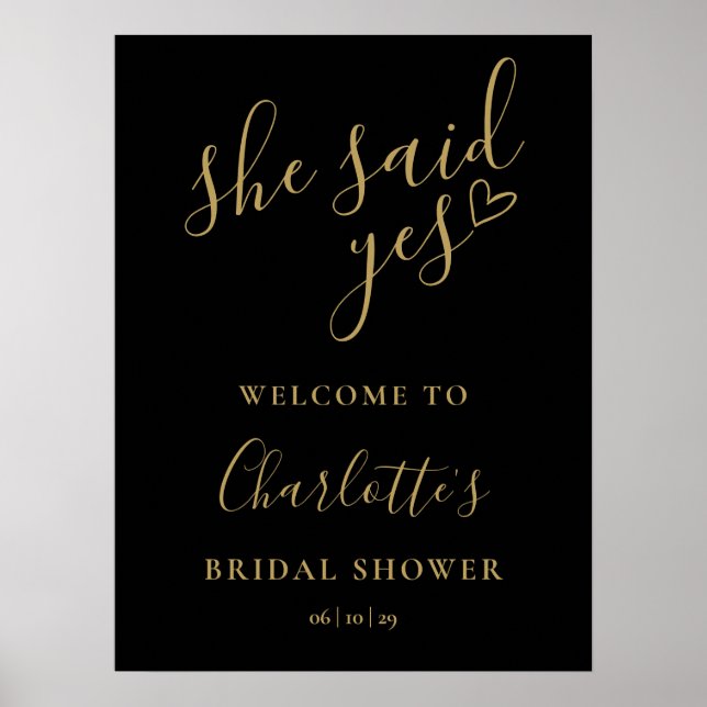 Hon Sade Ja Bröllopsfest Svart Guld Välkomstskylt Poster (Framsidan)